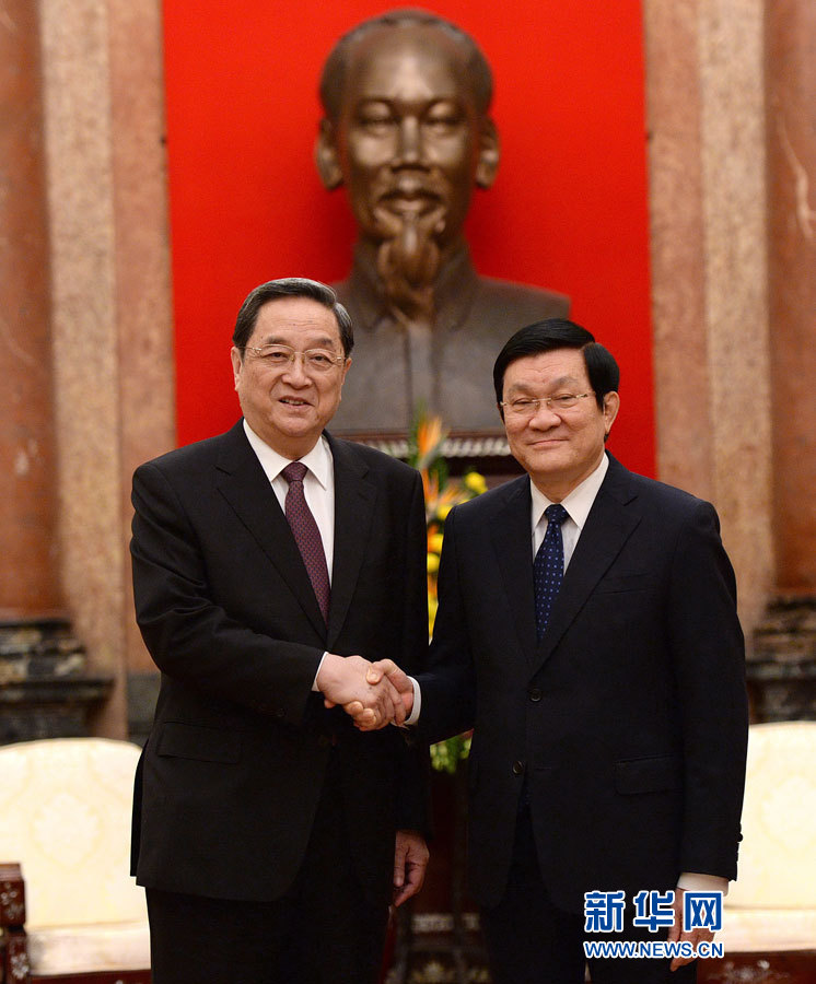 12月25日至27日，中共中央政治局常委、全國政協(xié)主席俞正聲對越南進(jìn)行正式訪問。這是12月26日，俞正聲在河內(nèi)會見越南國家主席張晉創(chuàng)。 新華社記者馬占成攝