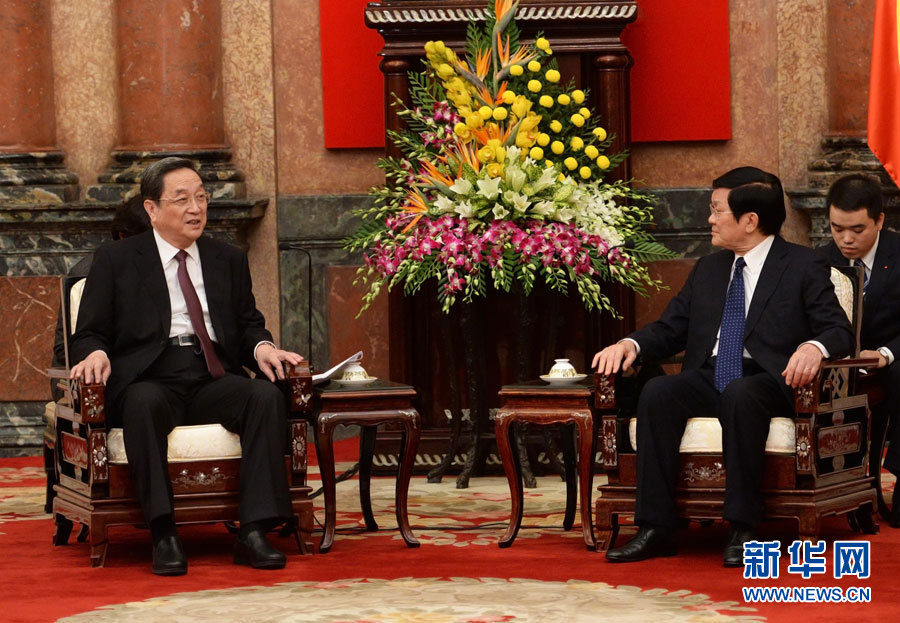 12月25日至27日，中共中央政治局常委、全國政協(xié)主席俞正聲對越南進(jìn)行正式訪問。這是12月26日，俞正聲在河內(nèi)會見越南國家主席張晉創(chuàng)。 新華社記者劉建生攝